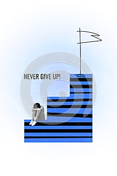 Vertical graphics collage image of young girl one step near dream goal achievement never give up credo lifestyle