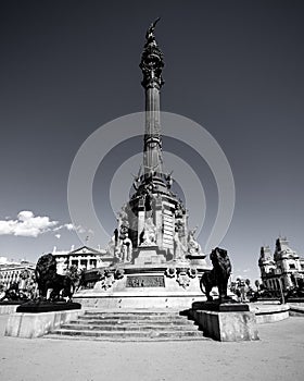 Vertical grayscale of the Columbus Monument in Barcelona on a sunny day, Spain
