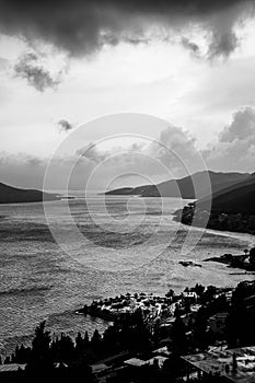 Vertical grayscale of sea coasts with trees and buildings under the cloudy sky