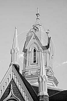Vertical grayscale shot of Assembly Hall at Temple Square complex