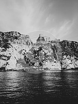 Vertical grayscale shot of castle ruins on a cliff over water at the Tremiti Islands in Puglia,Italy