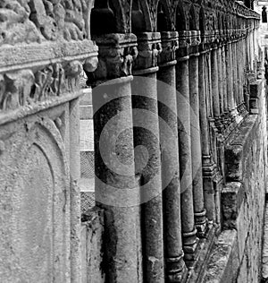 Vertical grayscale shot of a row of columns.