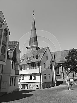 Vertical grayscale shot of St. Peter`s Church in Mulheim Ruhr