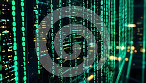 Vertical Green Binary Code Streams with Blurred City Lights in the Background data digital