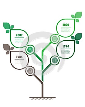 Vertical green infographics or timeline with 4 steps. The sustainable development and growth of the eco business or technology.