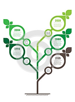 Vertical green infographics or timeline with 5 steps. The sustainable development and growth of the eco business. Time line.