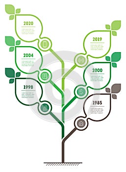 Vertical green infographics or timeline with 6 options. Sustainable development and growth of the eco business or green technology