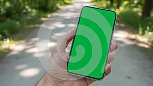 Vertical Green Screen Phone Mockup on Forest Path