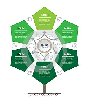 Vertical Green Timeline infographics. Tree of development and growth of the business. Time line. Eco Business concept with 6