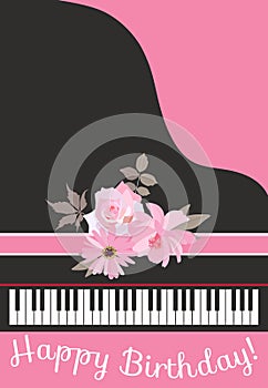 Vertical greeting card `Happy birthday`. Black grand piano decorated with pink ribbon and bouquet of tender garden flowers.