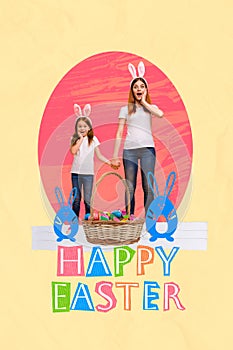 Vertical greeting collage two people mother daughter hands together wear bunny headband basket easter eggs gingerbread