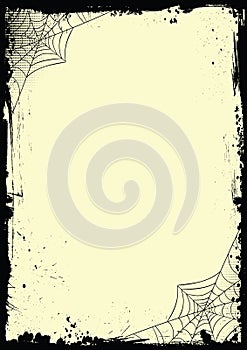 Halloween banner blank yellow template background with grunge black border, spider net