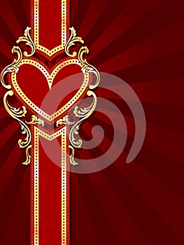 Vertical heart-shaped red banner with gold filig