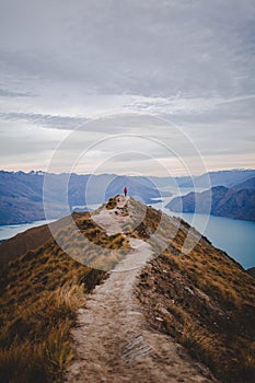 Vertical high angle shot of a person standing on the end of walking road on Roys Peak in New Zealand