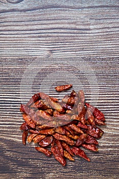 Vertical high angle shot of a pile of red chili peppers on a wooden surface