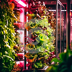 A vertical hydroponic farm producing fresh greens. Generative AI