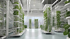 Vertical hydroponic farming in a high-tech skyscraper including hydroponic shelves in an agricultural greenhouse