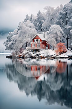 vertical idyllic landscape small red wooden house on the lake in the winter snowy forest