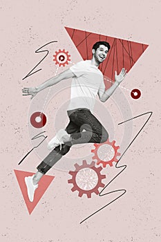 Vertical illustration artwork collage of funny running engineer guy create mechanism gearwheel project isolated on pink