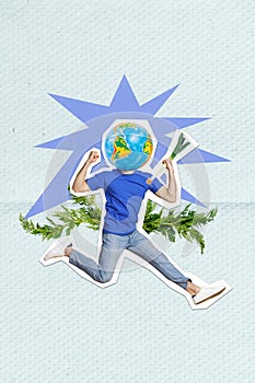 Vertical illustration collage placard of headless person jump carefree planet earth world green vegetarian food isolated