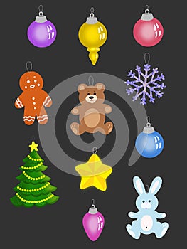 Vertical illustration of different Christmas ornaments on a black background