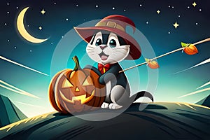 Vertical Illustration Halloween Greeting Card Holidays Cartoon Character Halloween Holiday Concept. Cute Cat In Ora. Generative AI