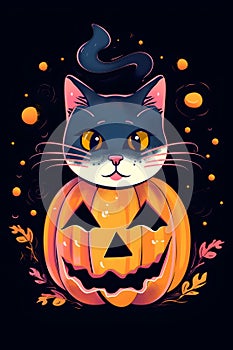 vertical illustration Halloween greeting card Holidays cartoon character halloween holiday concept. cute cat and pumpkin