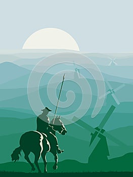 Vertical illustration of horseman Don Quixote galloping in fro