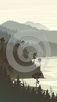 Vertical illustration of misty forest hills on rocky seashore.