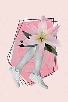 Vertical illustration photo collage of bodyless woman legs lily instead of body spa salon advert isolated on pink