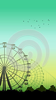 Vertical illustration of roller-coaster and Ferris Wheel.