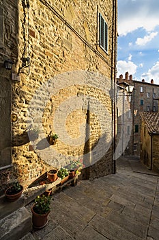 Vertical image of an alley in the historic center in Cortona, Tuscany, Italy