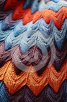 vertical image blue, brown and orange knitted wool fabric macro texture background, soft and cozy weave patterned surface