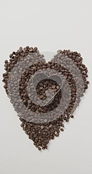 Vertical image of chocolate chips forming heart with heart shaped cookie cutter on white background