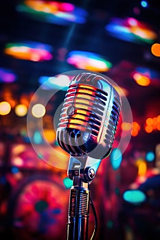 vertical image closeup stylish old retro microphone on multicolored karaoke bar bokeh background