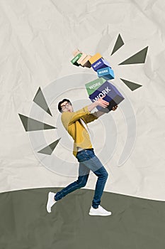 Vertical image collage of astonished guy carry fall book workload intensity business project career isolated on colorful