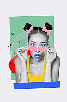 Vertical image collage excited young woman speechless stupor look eyewear glasses makeup colorful painted face photo