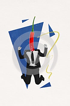 Vertical image collage of happy young businessman jump instead head hot red pepper burn caricature black suit tie