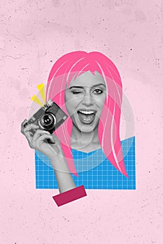 Vertical image collage of happy young girl photographer hold old camera flash lens vintage retro wink pink hair isolated