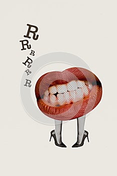 Vertical image collage picture of weird body female mouth red lips isolated on drawing background