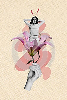 Vertical image collage of shocked young girl climb out lily flower legless caricature scream spring blossom isolated on
