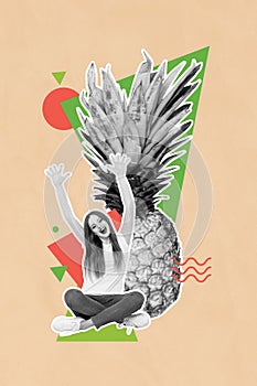 Vertical image collage young happy joyful girl sit excited carefree fresh pineapple fruit tropical exotic nutrition
