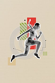 Vertical image collage of young run girl athlete jog cardio exercise strength power race competition sport isolated on