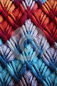 vertical image colorful blue and orange knitted wool fabric macro texture background, soft and cozy weave patterned surface