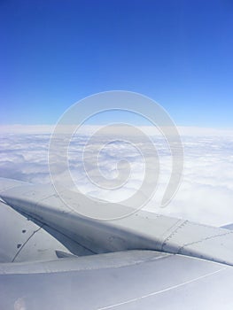 Vertical image of earth and plane wing view from an illuminator with copy space