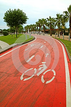 Vertical Image of an Empty Vibrant Red Bicycle Lane in the Park