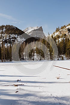 Vertical image of the frozen alpine Emerald Lake at Rocky Mountain National Park in Colorado, USA