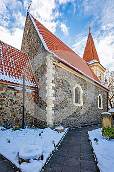 Vertical image of gothic stone church