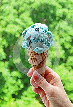 Vertical Image of Hand holding Mint Choc Chip Ice Cream in Cone against Blurry Sunshine Garden