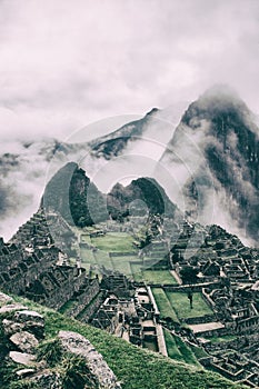 Vertical image of Machu Picchu lost city, Peru.